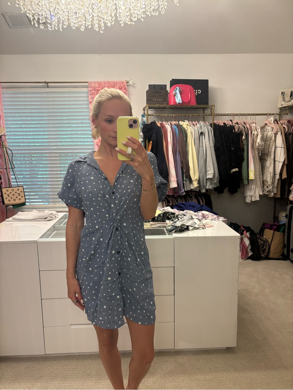 Blue Polka Dot Tie-Front Short Dress